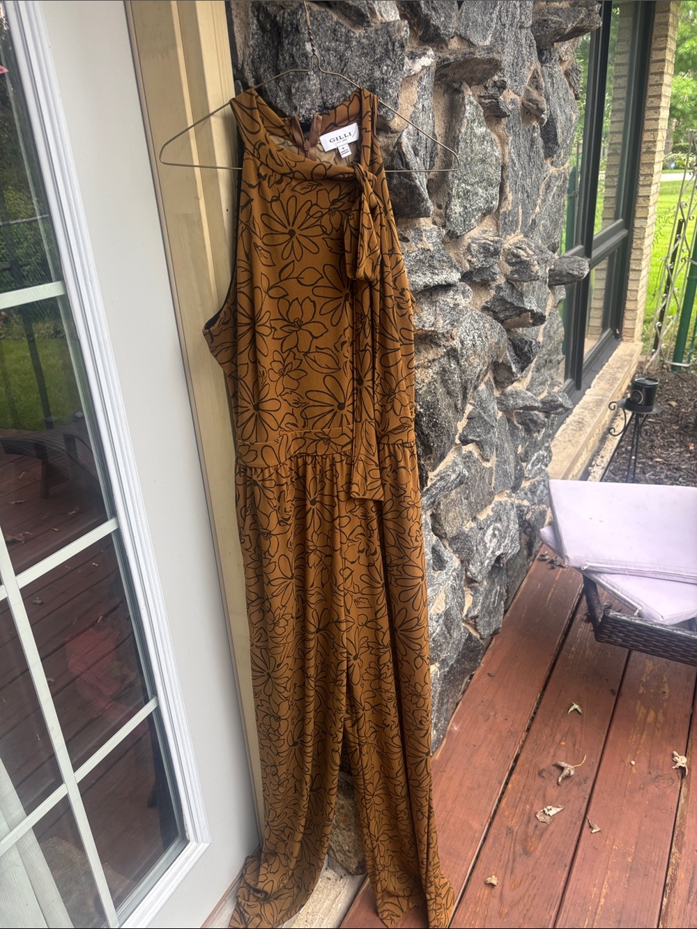 Gilli Brown Floral-Outline Wide-Leg Jumpsuit